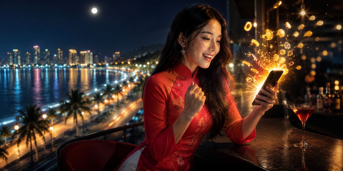 Người mặc áo dài tại Mũi Né sử dụng điện thoại đặt cược và chơi casino trực tuyến